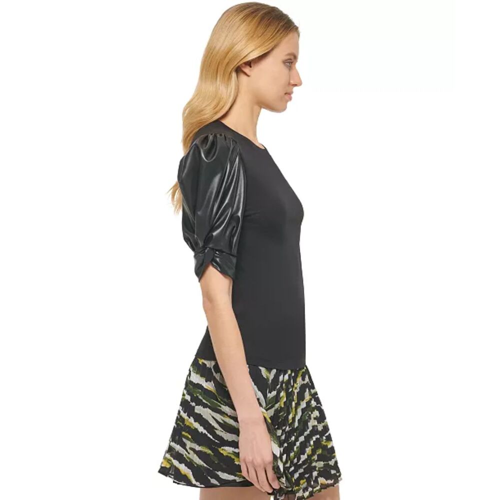 NWT DKNY Women's Faux-Leather Puffed-Sleeve Top XL - Picture 3 of 4
